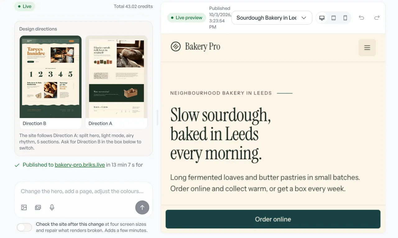 The studio showing two design directions for a bakery beside the live preview of the one it follows