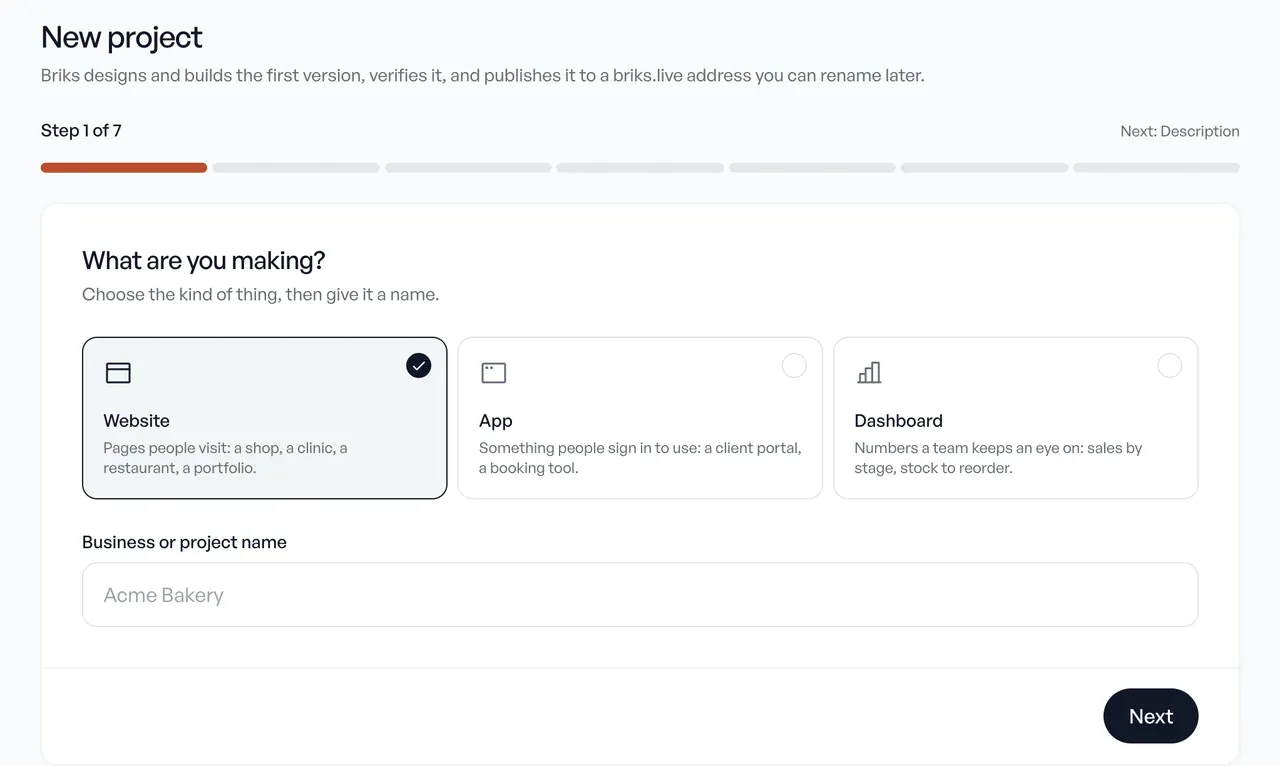 The studio's new project form asking whether you are making a website, an app or a dashboard