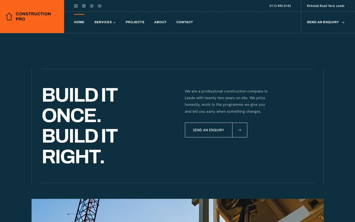 The opening of Construction Pro, a sample site Briks built for an example building contractor