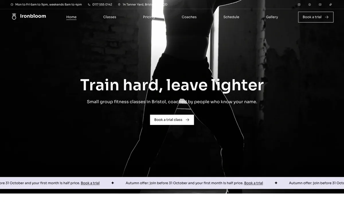 The opening of Ironbloom, a sample site Briks built for an example fitness studio