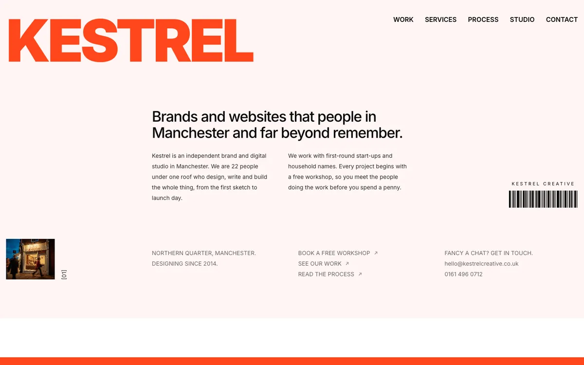 The opening of Kestrel Creative, a sample site Briks built for an example brand and digital studio
