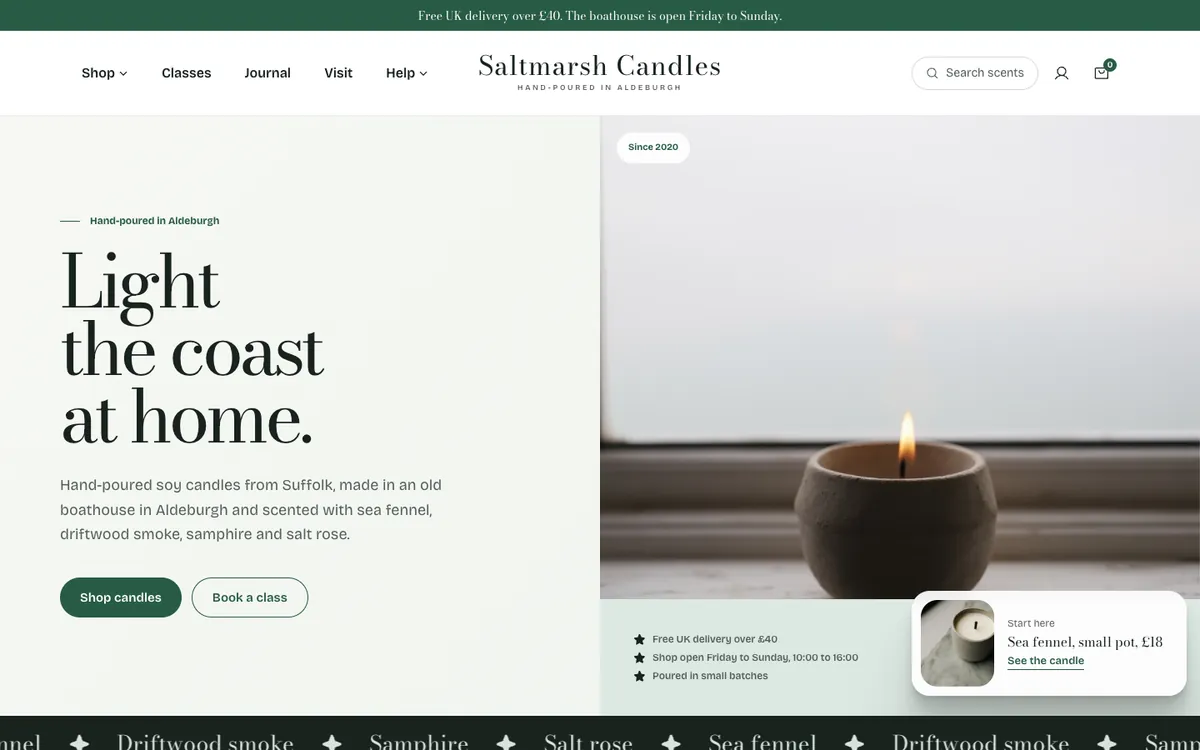 The opening of Saltmarsh Candles, a sample site Briks built for an example candle maker