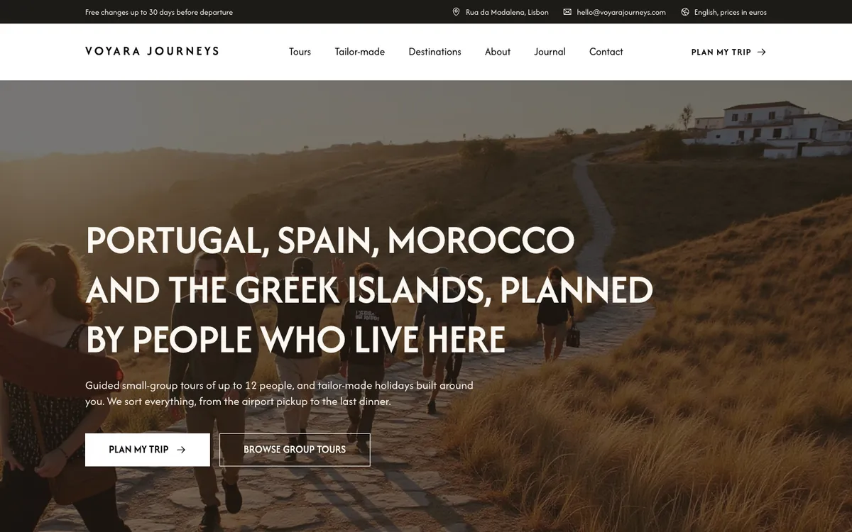 The opening of Voyara Journeys, a sample site Briks built for an example travel company